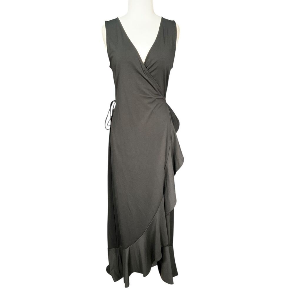 Banana Republic Black Wrap Maxi Dress Medium Sleeveless Ruffle Hem Travel Resort